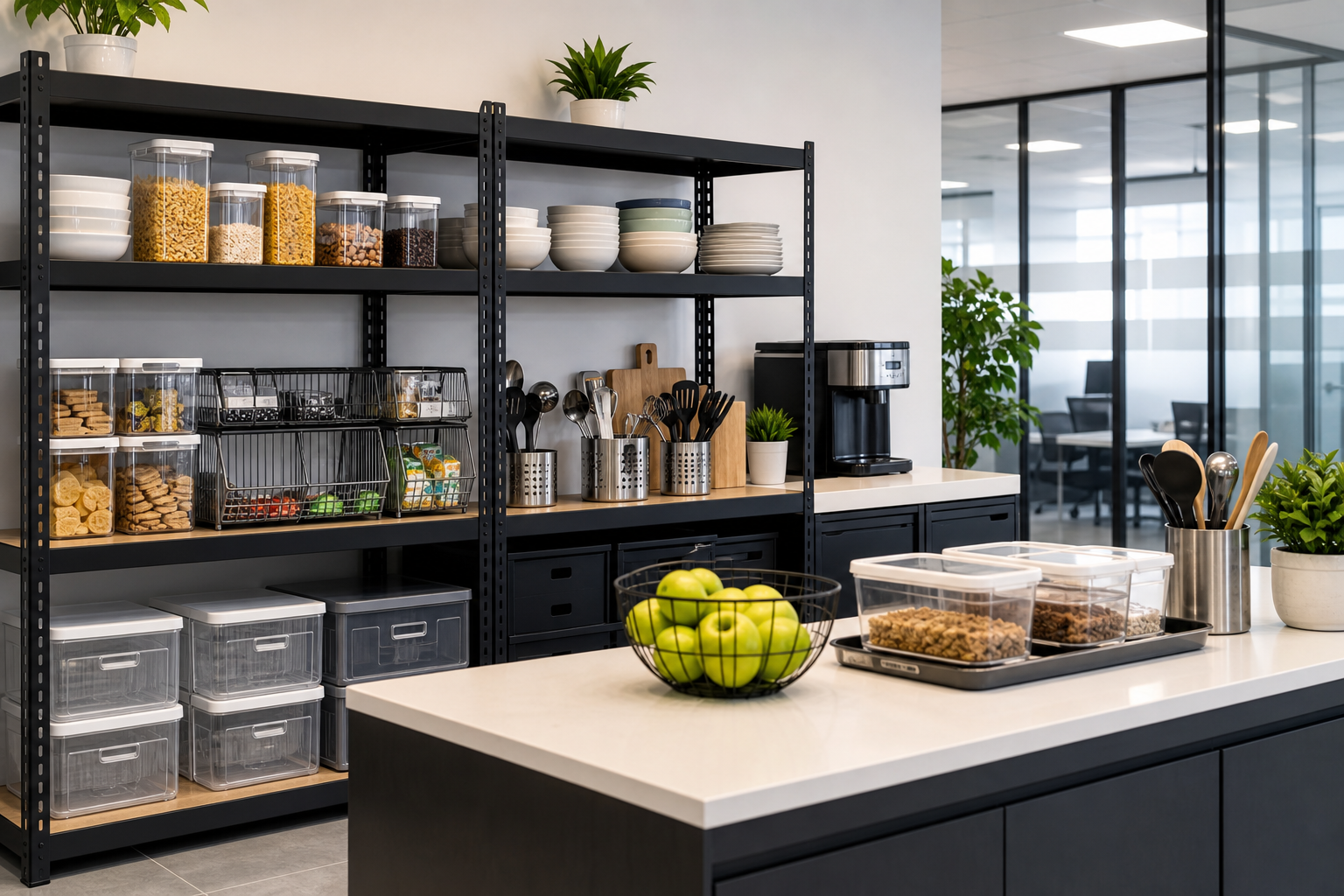 Clean commercial pantry setup with storage racks, containers, and utensils for office environments