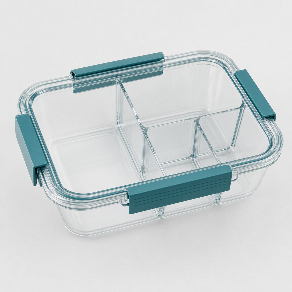 Transparent compartment lunchbox with teal sealing clips and divided trays on a neutral background
