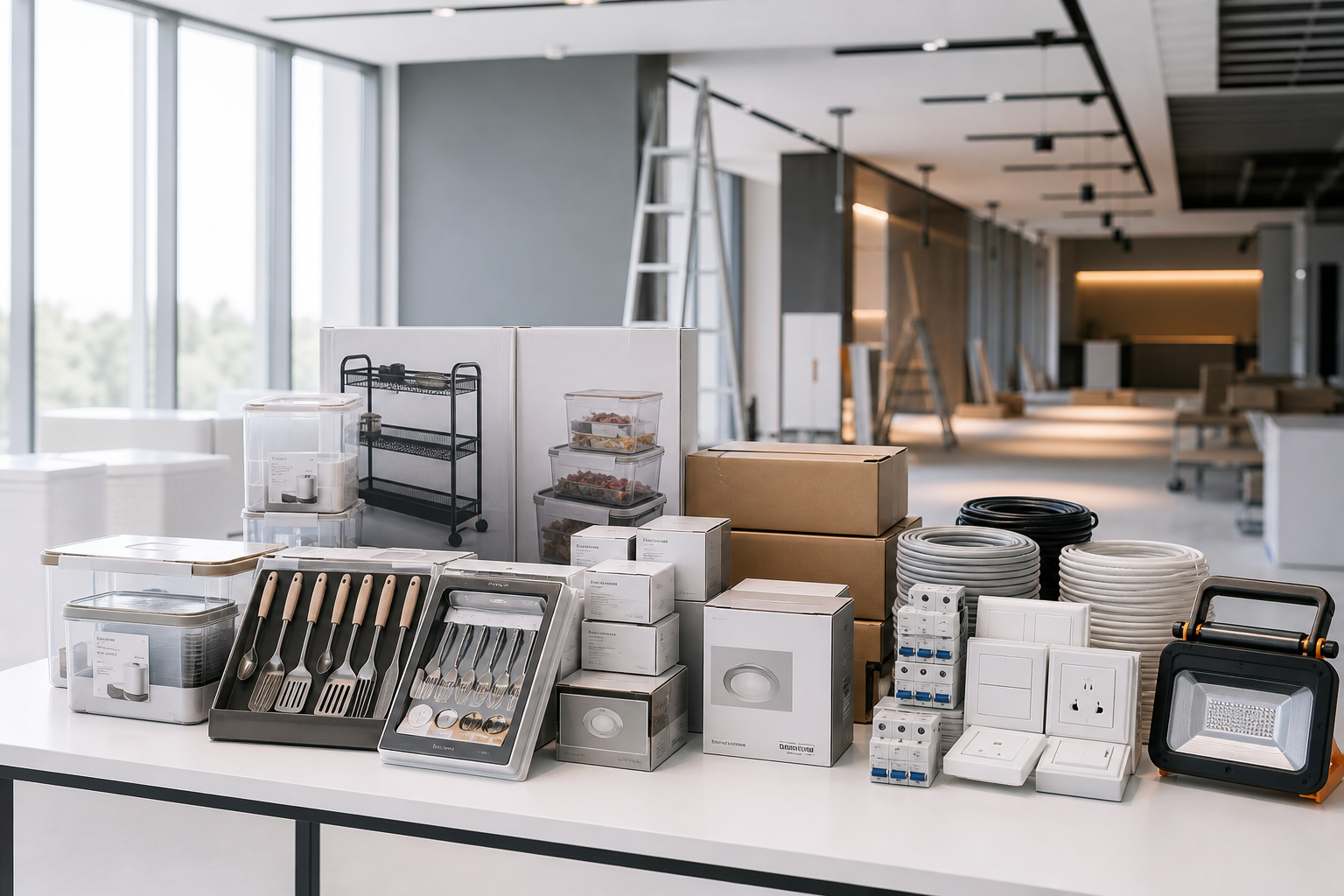 Modern commercial interior with lighting fixtures and packaged utility supplies on a worktable
