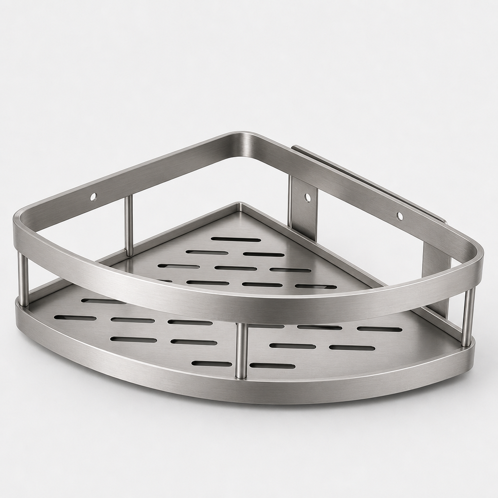 Triangular corner rack with brushed steel frame and open drain shelf