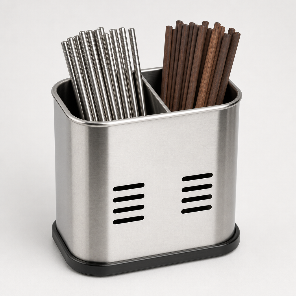 Compact stainless steel counter chopstick holder with dual slots on a light studio background