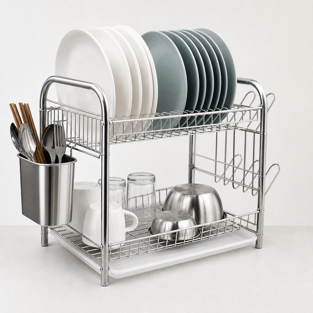 Stainless steel counter-top rack with two-tier shelves and drip tray