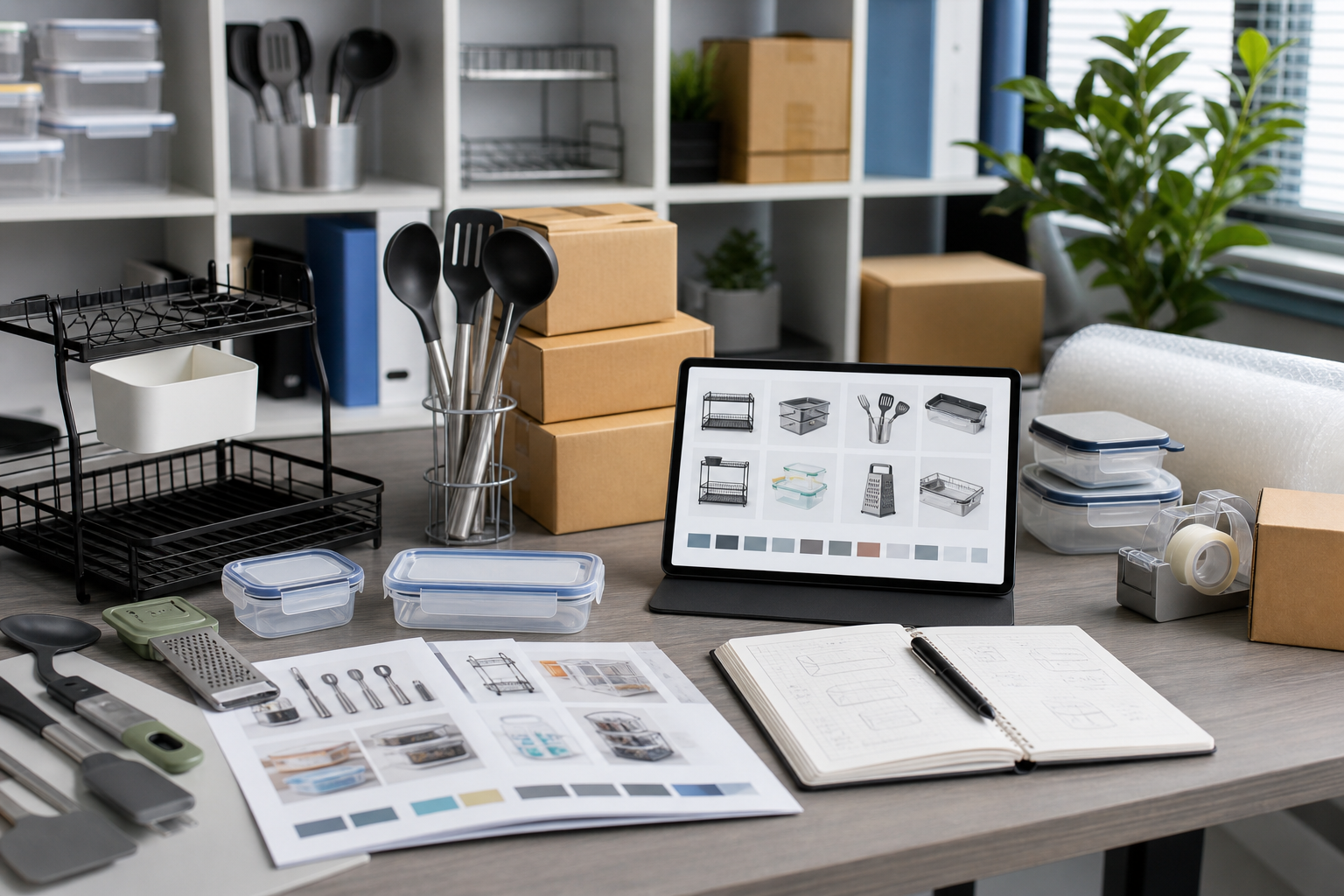 Procurement desk with product samples, tablets, and packaging materials for custom sourcing