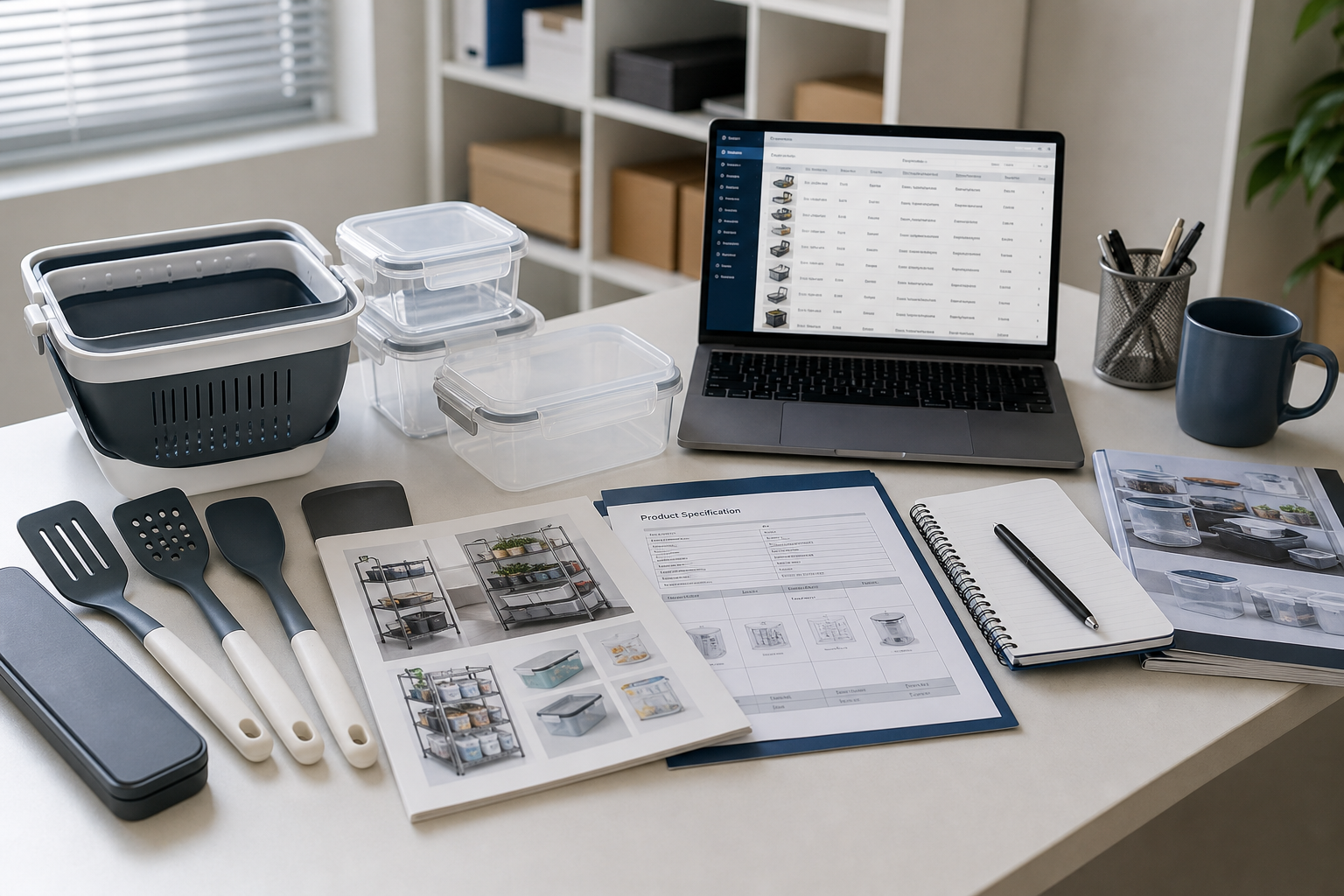 Procurement desk with product samples, specification sheets, and a laptop showing supplier lists
