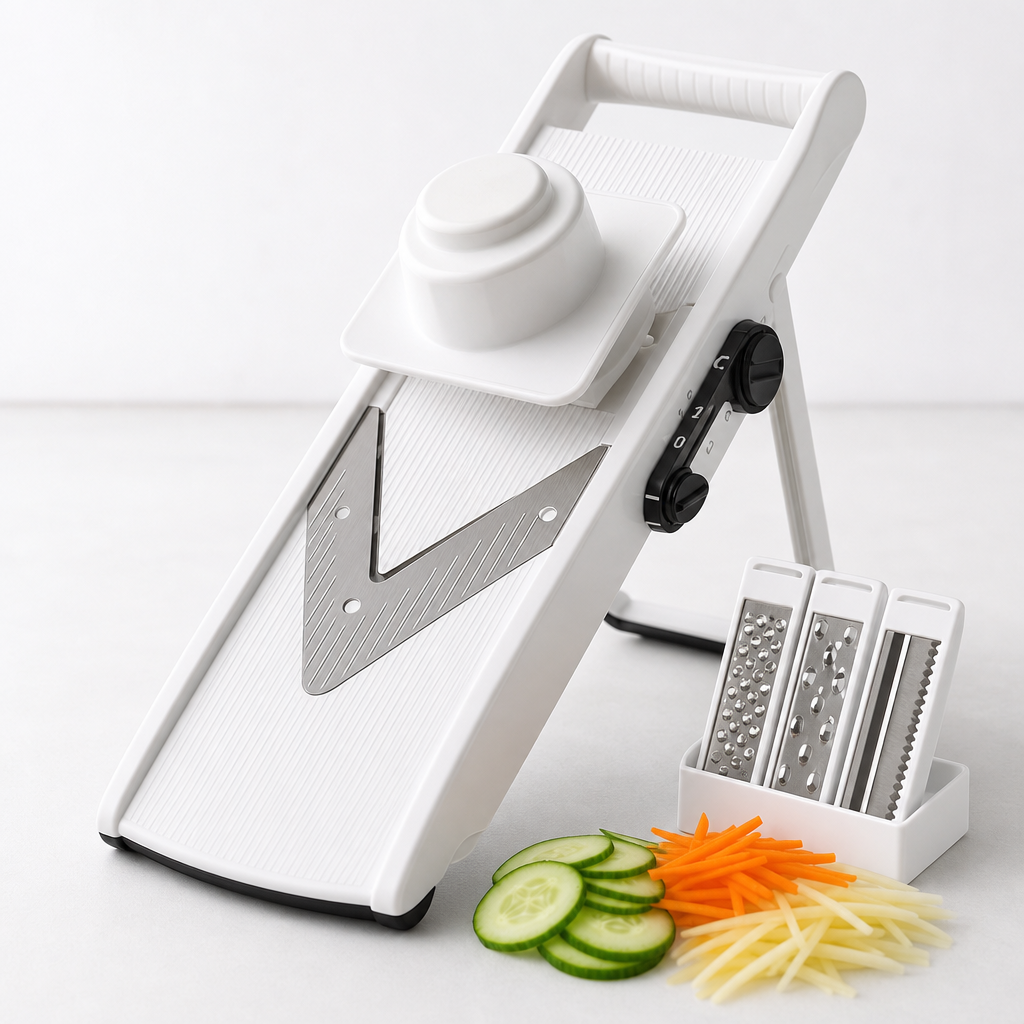 White mandoline vegetable slicer with adjustable blades