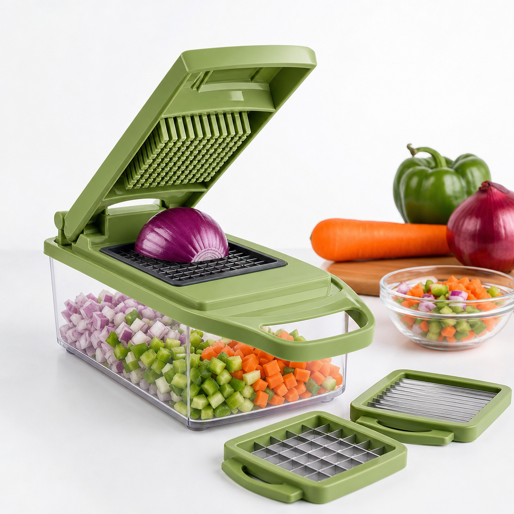 Green handheld vegetable chopper with collection container