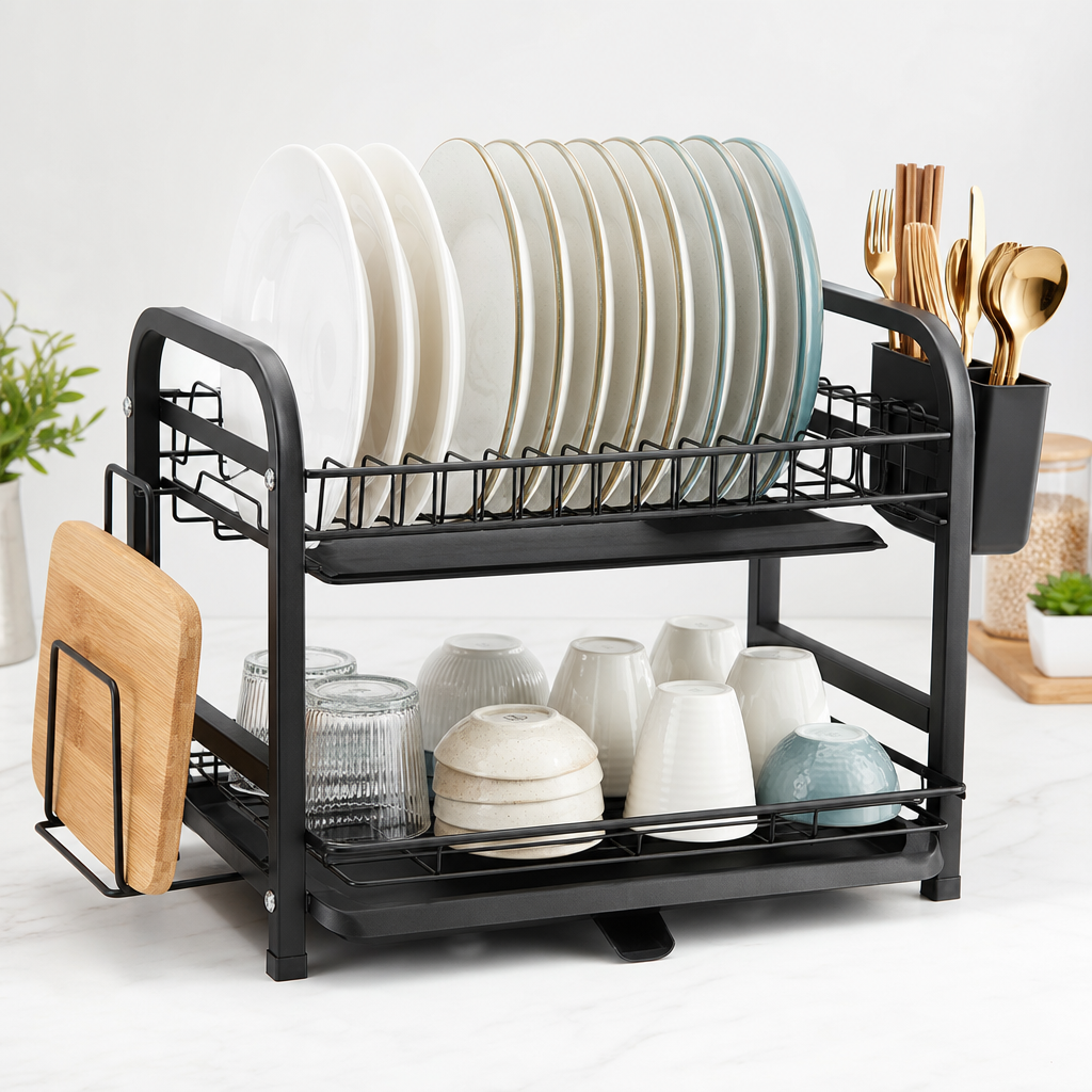 Double-layer dish-draining rack with black tray and utensil holder