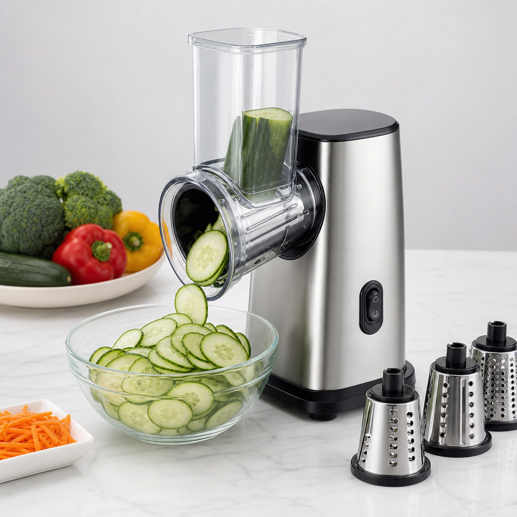 Electric veg slicer with silver motor base and clear hopper