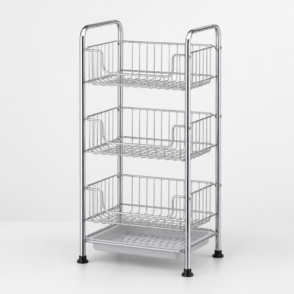 Chrome floor rack tower with three open shelves and drainage base