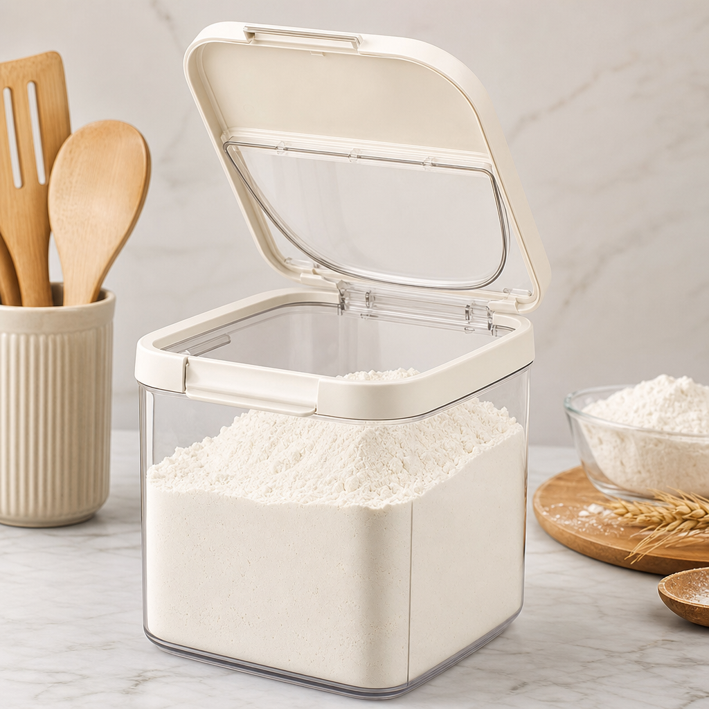 Flour and starch box with flip top