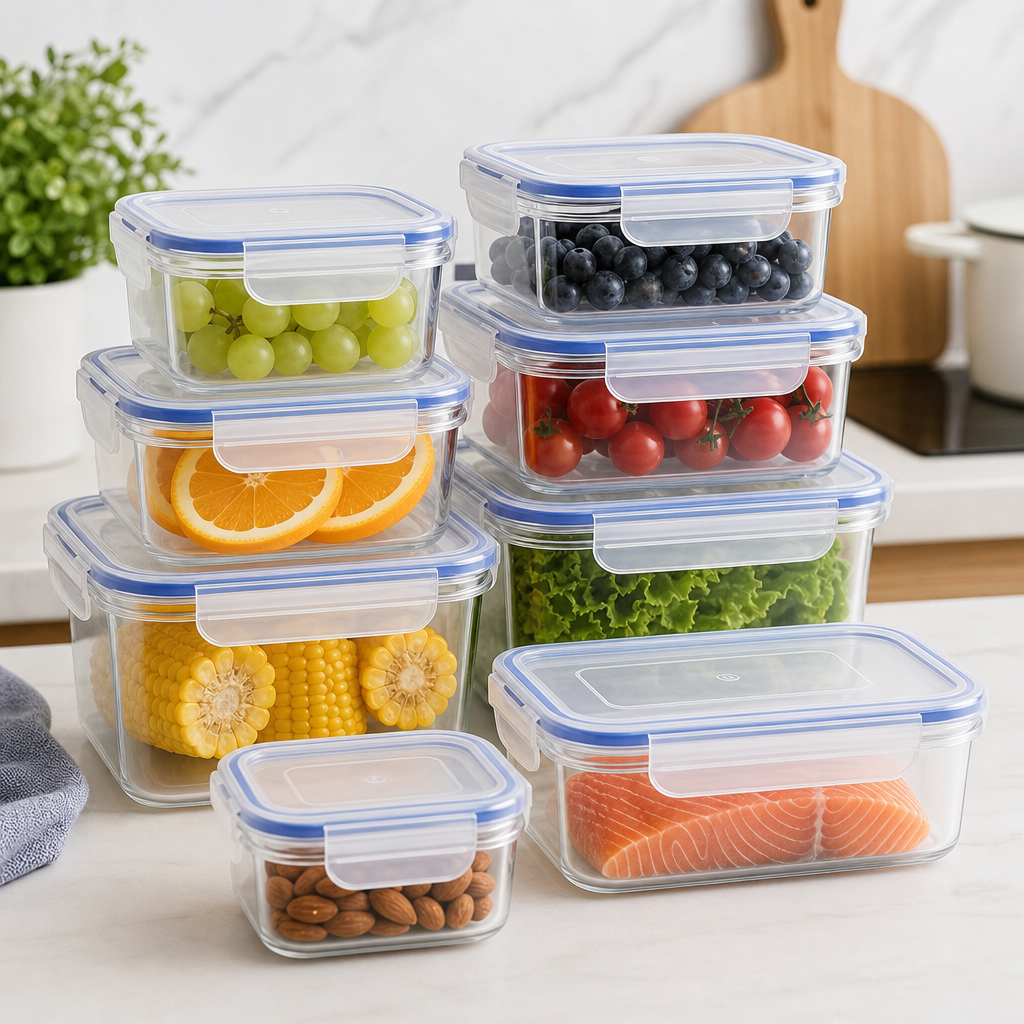Set of clear food storage boxes with blue airtight lids stacked neatly on a countertop