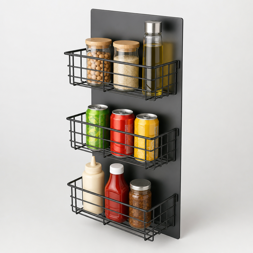 Slim fridge-side hung rack with magnetic back and three wire baskets