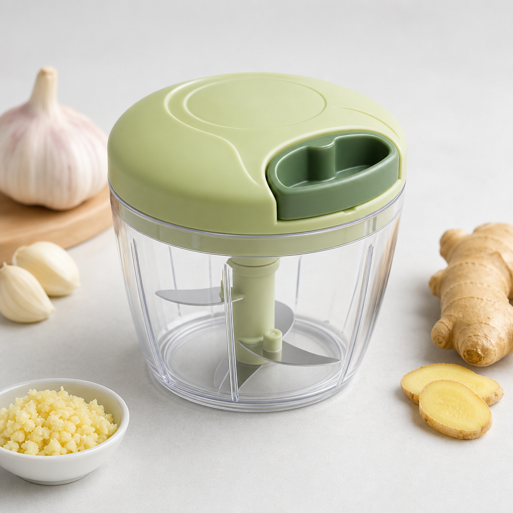 Garlic and ginger chopper with compact clear cup and green pull lid