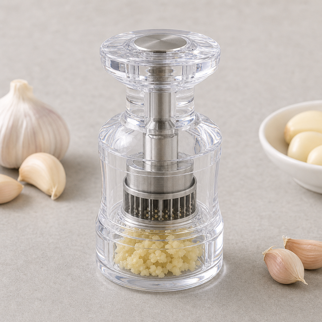 Clear acrylic garlic grinder with stainless steel core on a neutral countertop