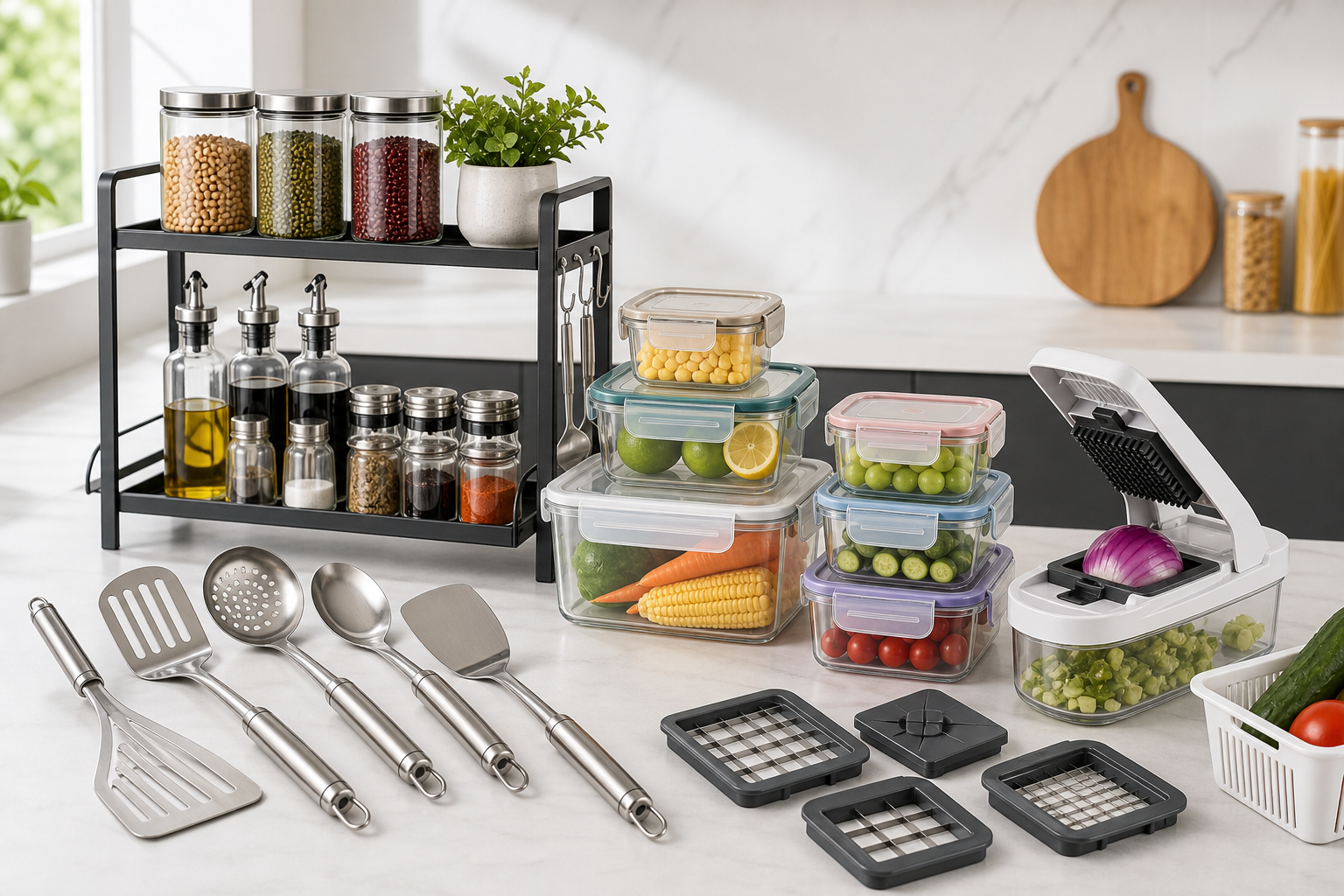 Realistic collage of kitchen storage racks, sealed food containers, stainless steel spatulas, and a vegetable cutting tool arranged on a light countertop