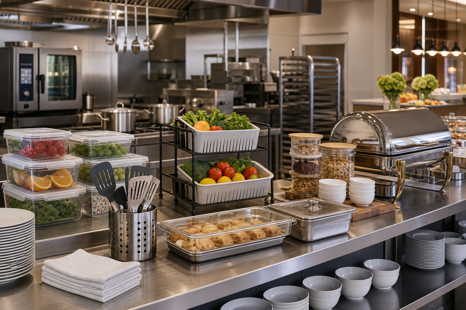 Hotel buffet prep area with organized kitchen tools, containers, and serving accessories
