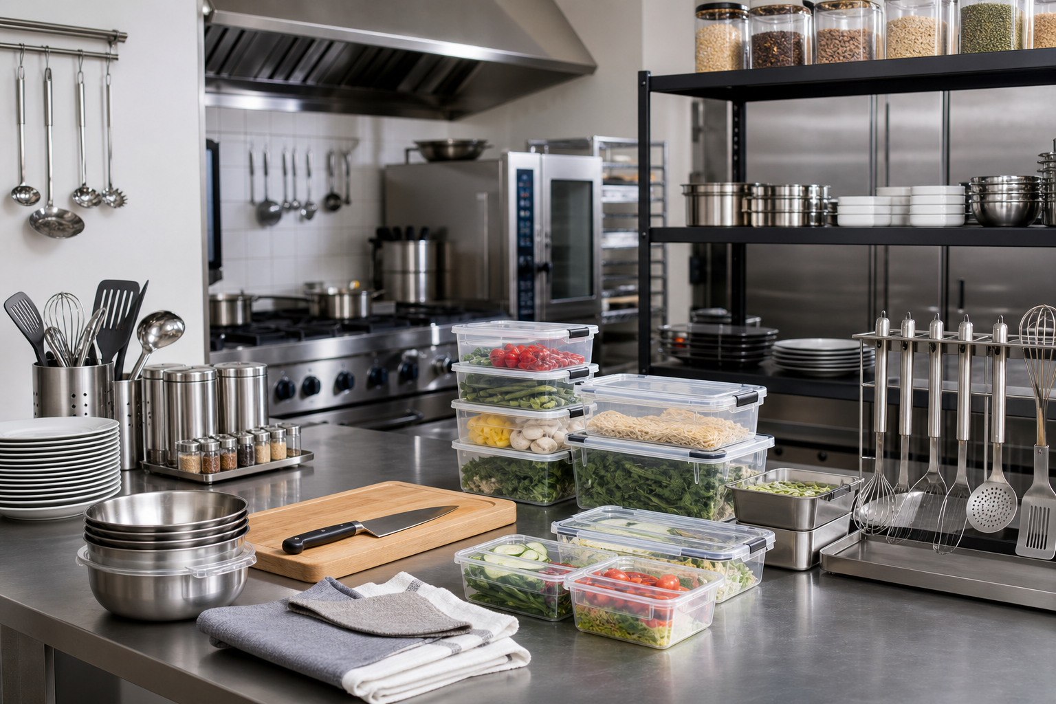 Hotel kitchen prep area with stainless tools, storage boxes, and neatly arranged supplies