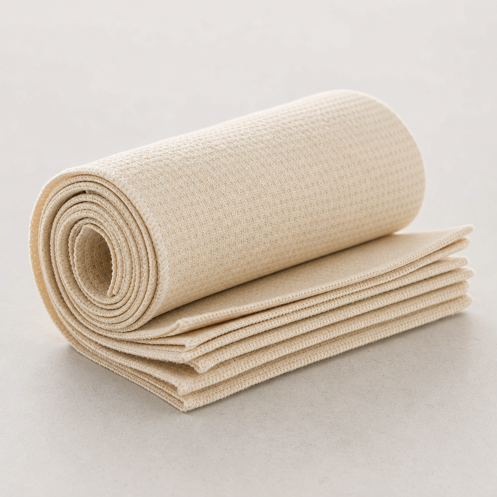 Roll of reusable kitchen wipes in light beige fabric on a neutral background