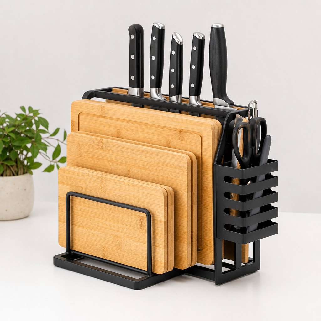 Knife and cutting board rack with bamboo dividers and steel frame
