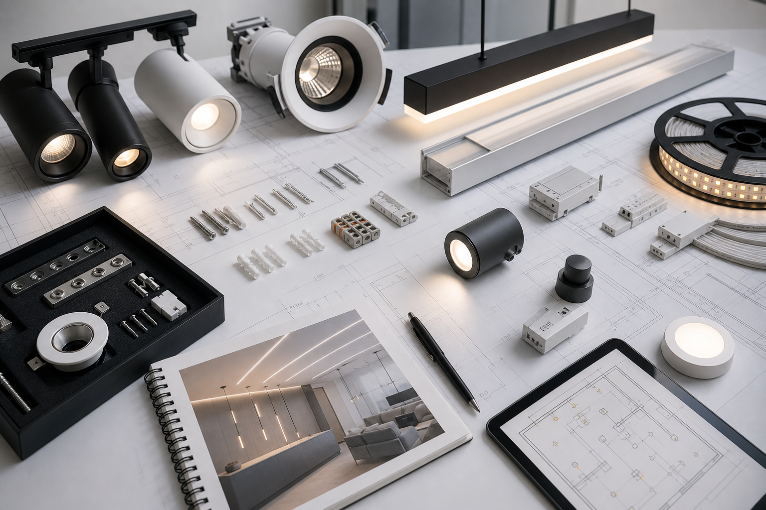 Modern lighting fixtures and organized hardware kits laid out for project coordination