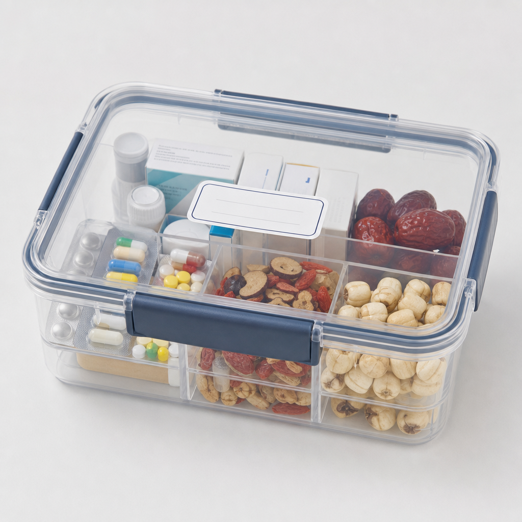 Medicinal and edible storage box with locking tabs