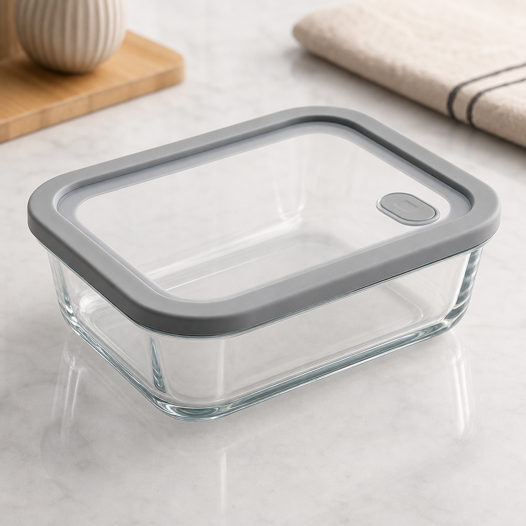 Microwave-safe glass box with silicone lid