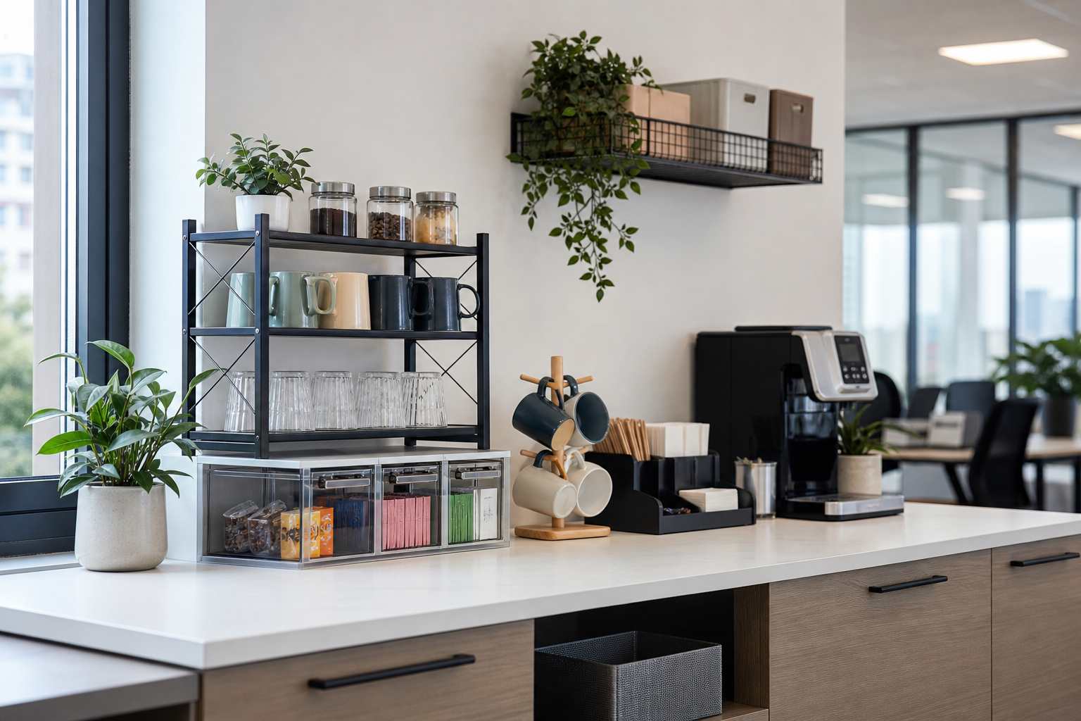 Office break area with storage organizers, mugs, and countertop accessories in a clean setting