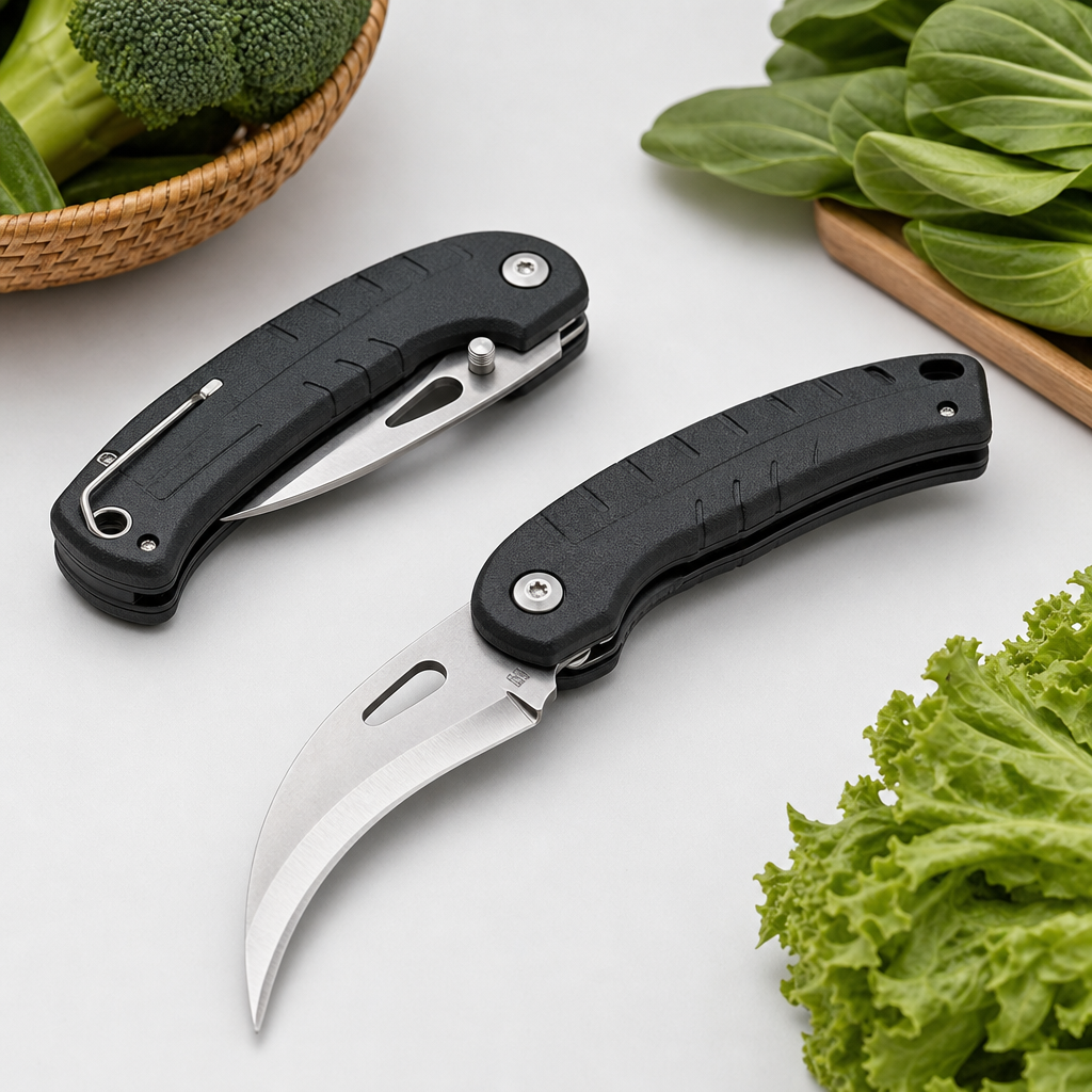 Outdoor veg cutter with rugged dark handle and folding blade
