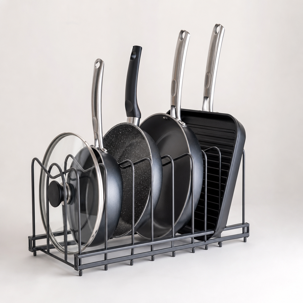 Pan rack organizer with vertical dividers and matte graphite finish