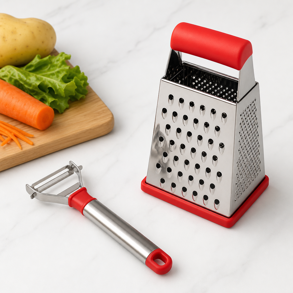 Stainless steel manual grater with red handle beside a matching vegetable peeler on a bright studio surface