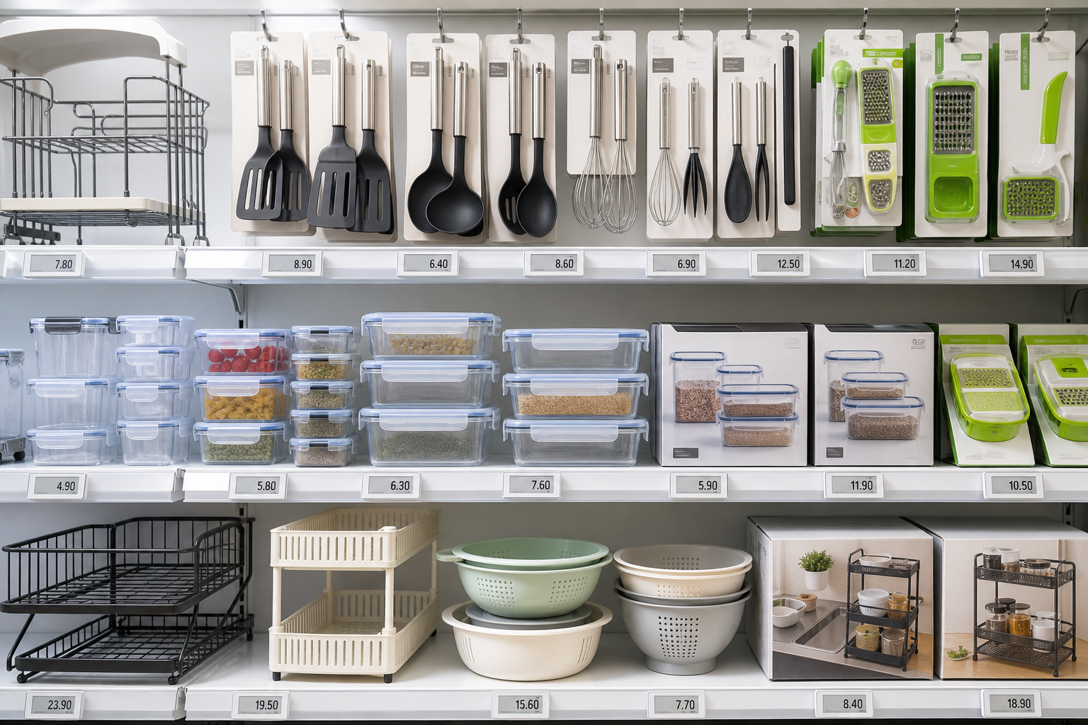 Assortment of kitchen tools arranged on a light retail shelf with labels and packaging