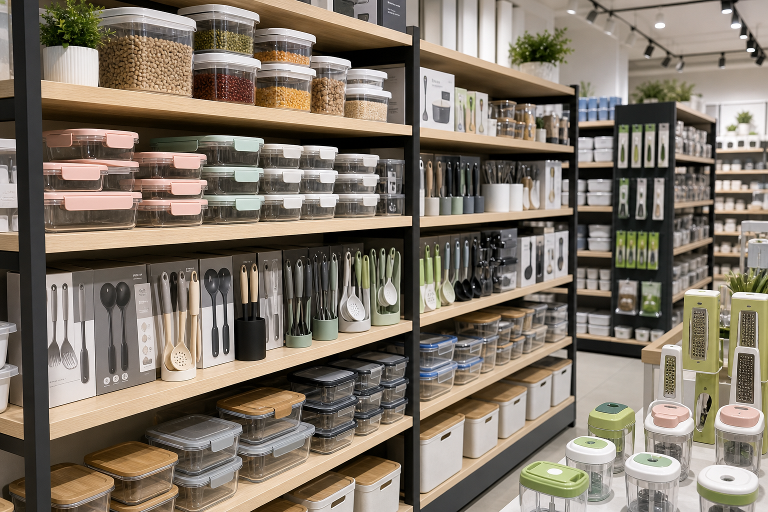 Organized retail shelving with kitchen storage boxes and utensil sets in a bright European-style store