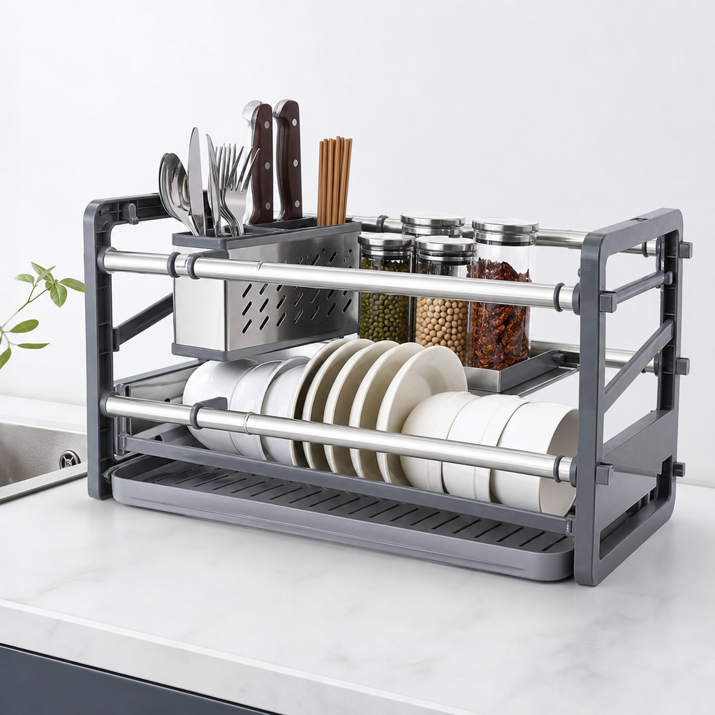 Retractable countertop storage rack with telescopic arms and grey tray