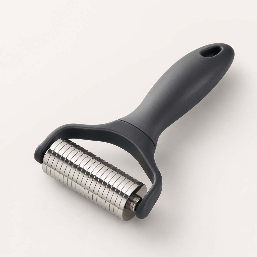 Compact roller slicer with stainless steel cylinder and charcoal handle