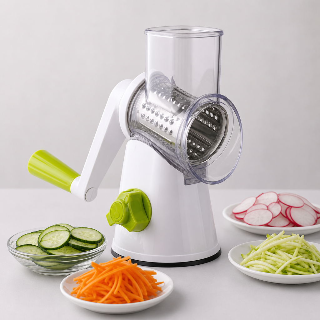 Rotary veg cutter with white body, green handle, and clear drum slicer