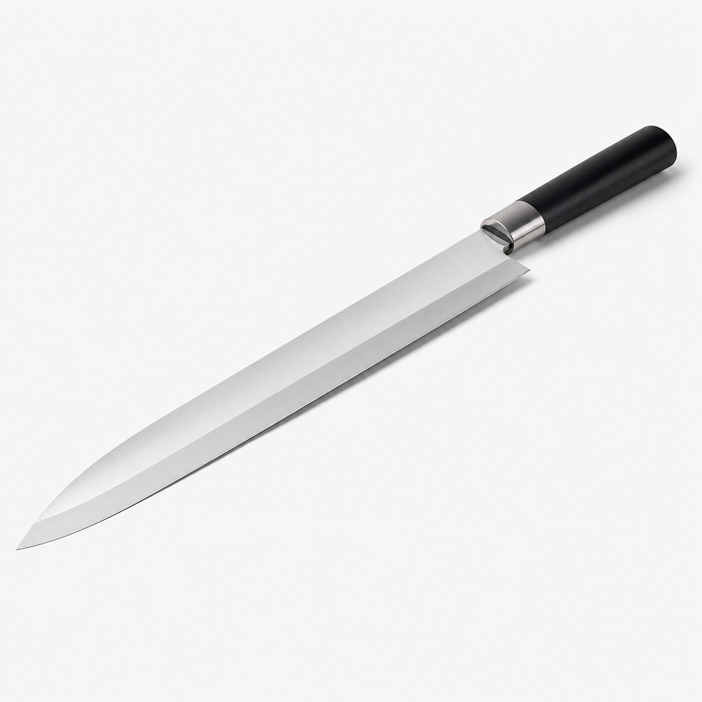 Long sashimi knife with straight stainless blade and black handle