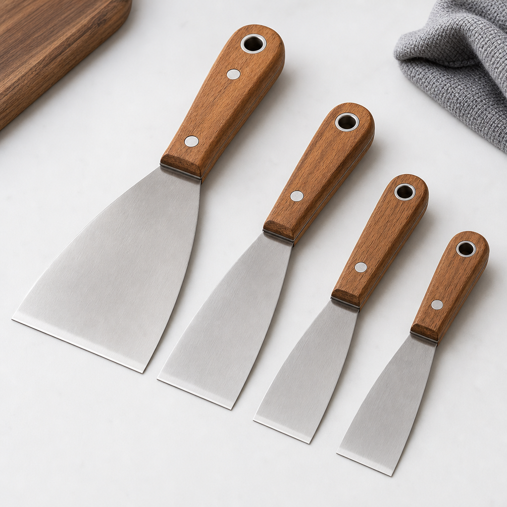 Stainless steel scraper set with wooden handles
