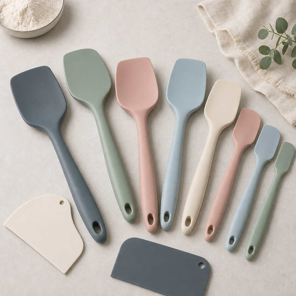 Colorful silicone spatula and scraper set on neutral background
