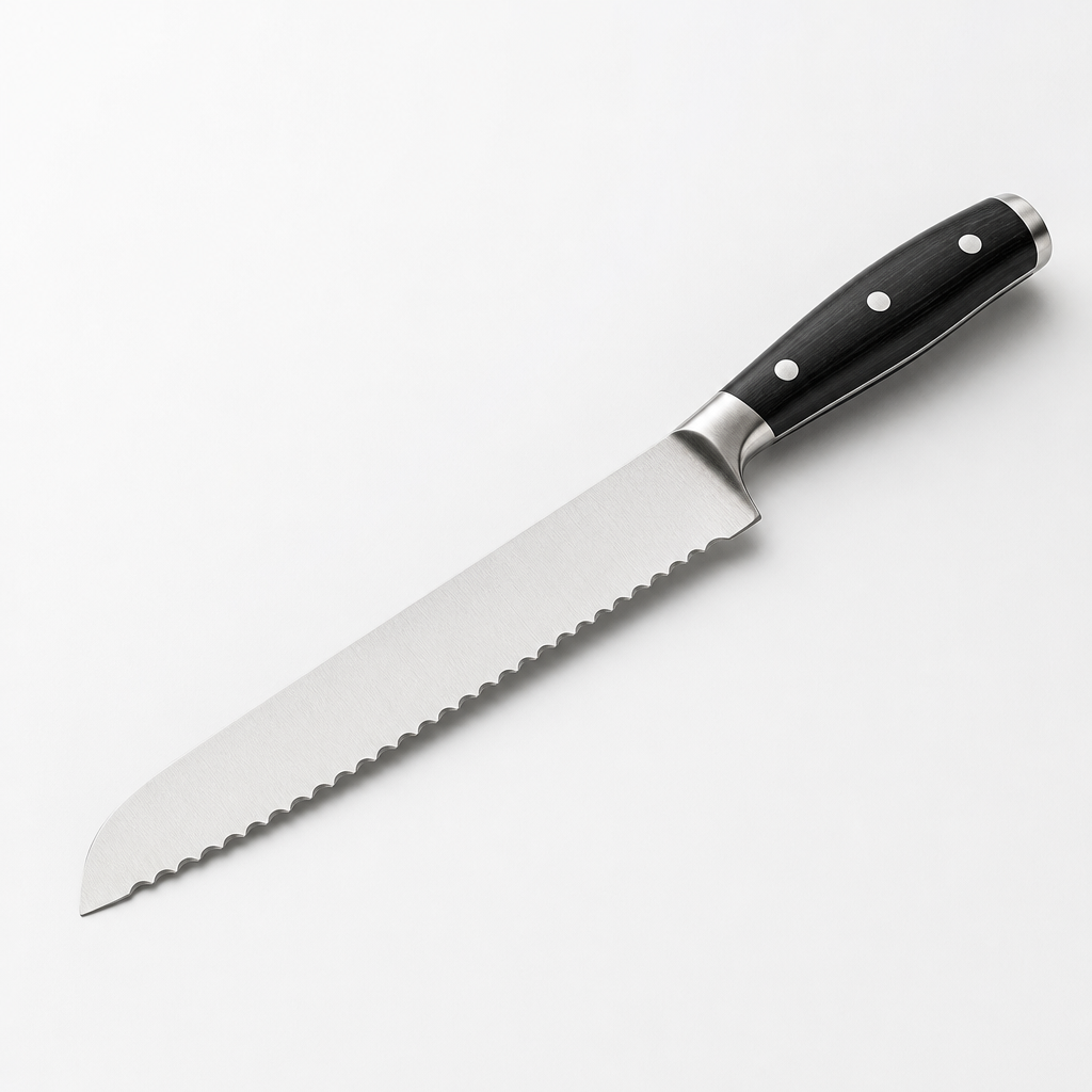 Serrated bread knife with long stainless blade and brushed steel bolster