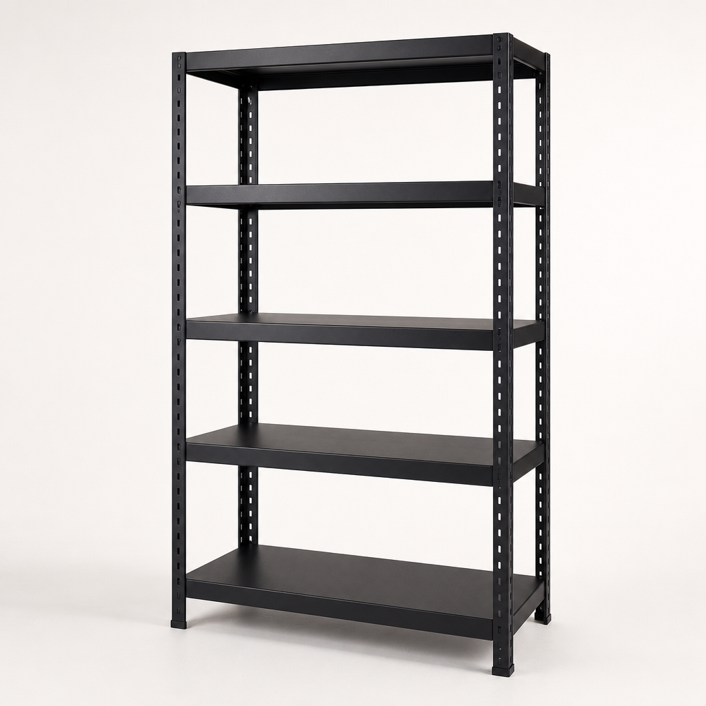 Matte black steel storage shelf with five tiers
