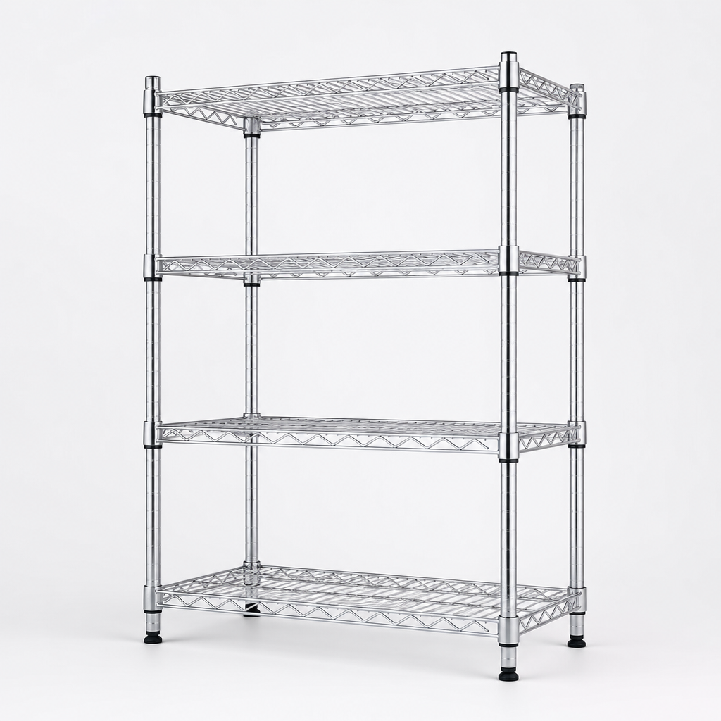 Chrome four-tier wire storage shelf with adjustable legs