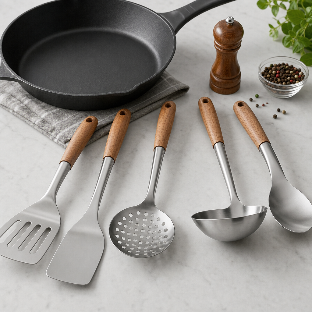 Stainless steel spatula set with wooden handles arranged beside a skillet
