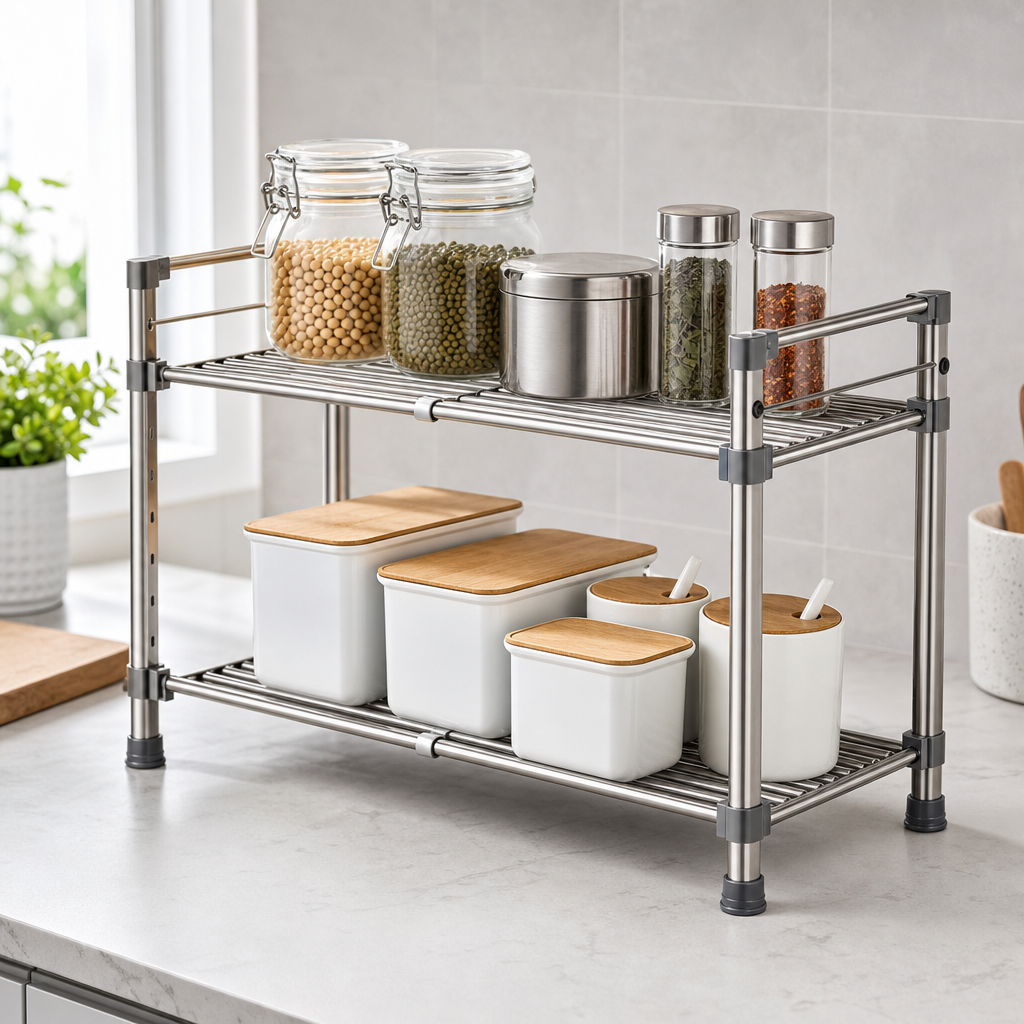 Stainless steel adjustable storage rack with two-tier shelves and non-slip feet on a light kitchen countertop