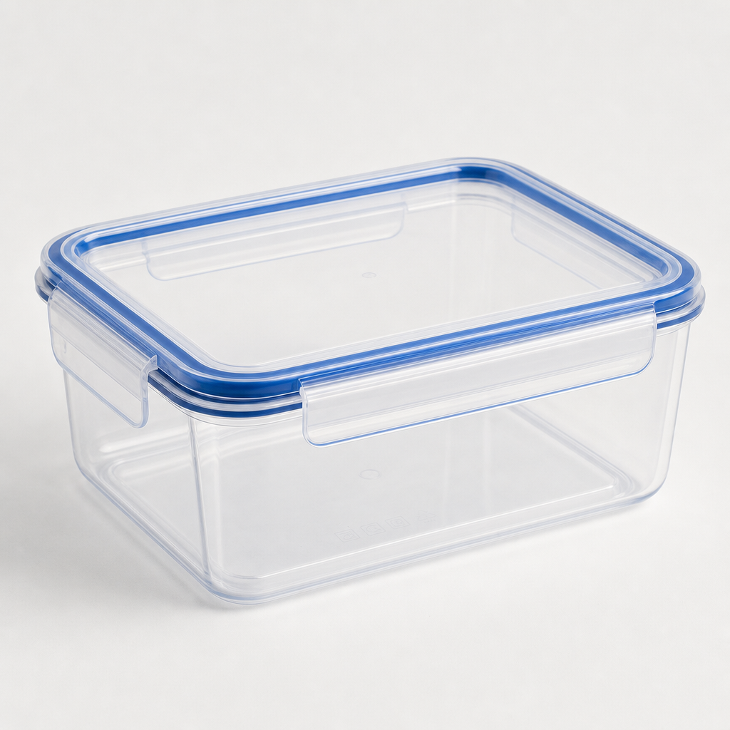 Transparent rectangular food storage box with blue sealing lid