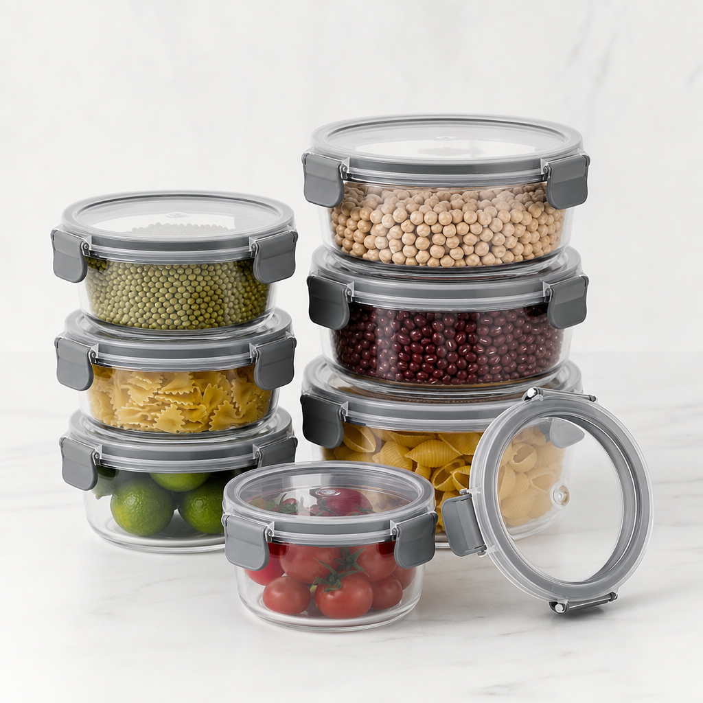 Clear round food container set with gray lids
