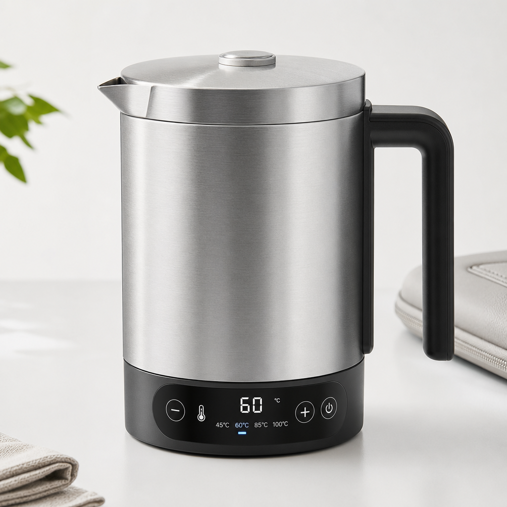 Compact travel kettle with integrated temperature control display in brushed silver on a clean backdrop