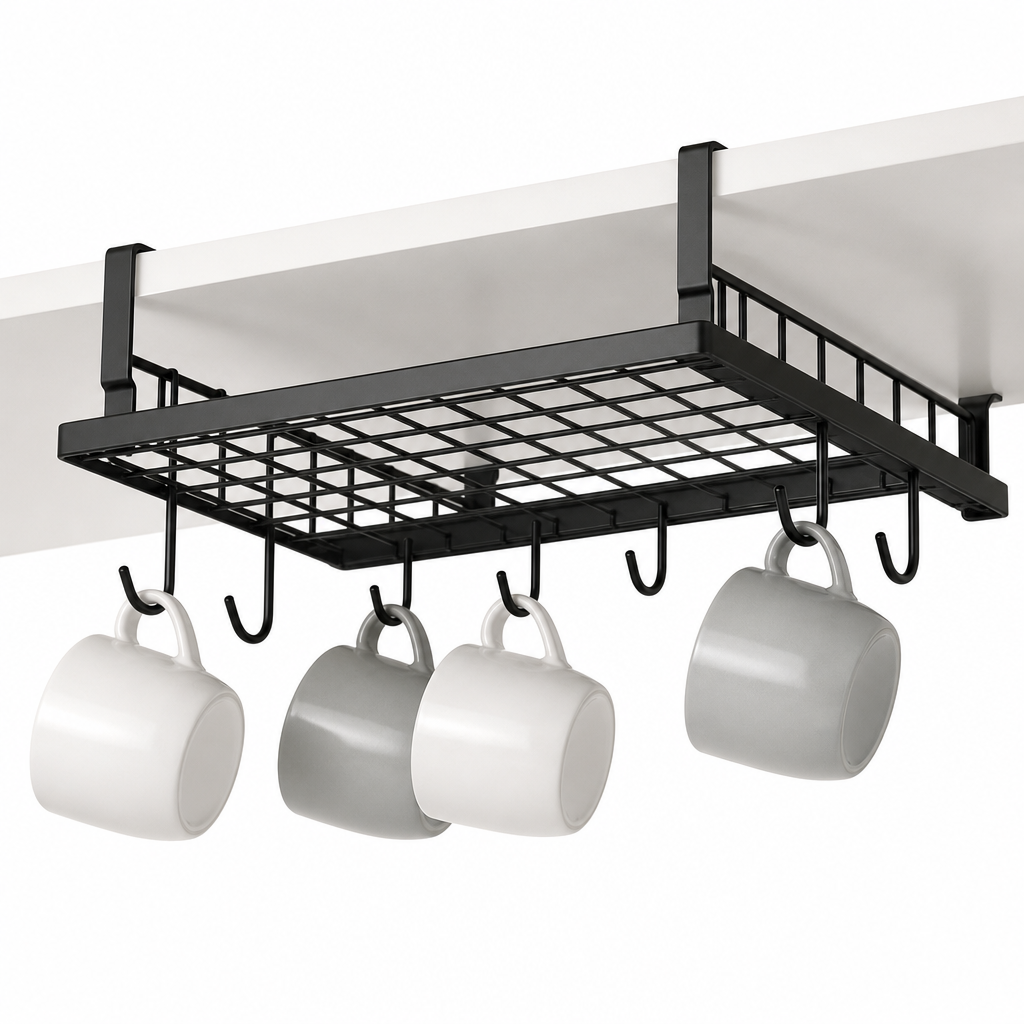 Under-cabinet hung rack with black steel frame and hanging hooks