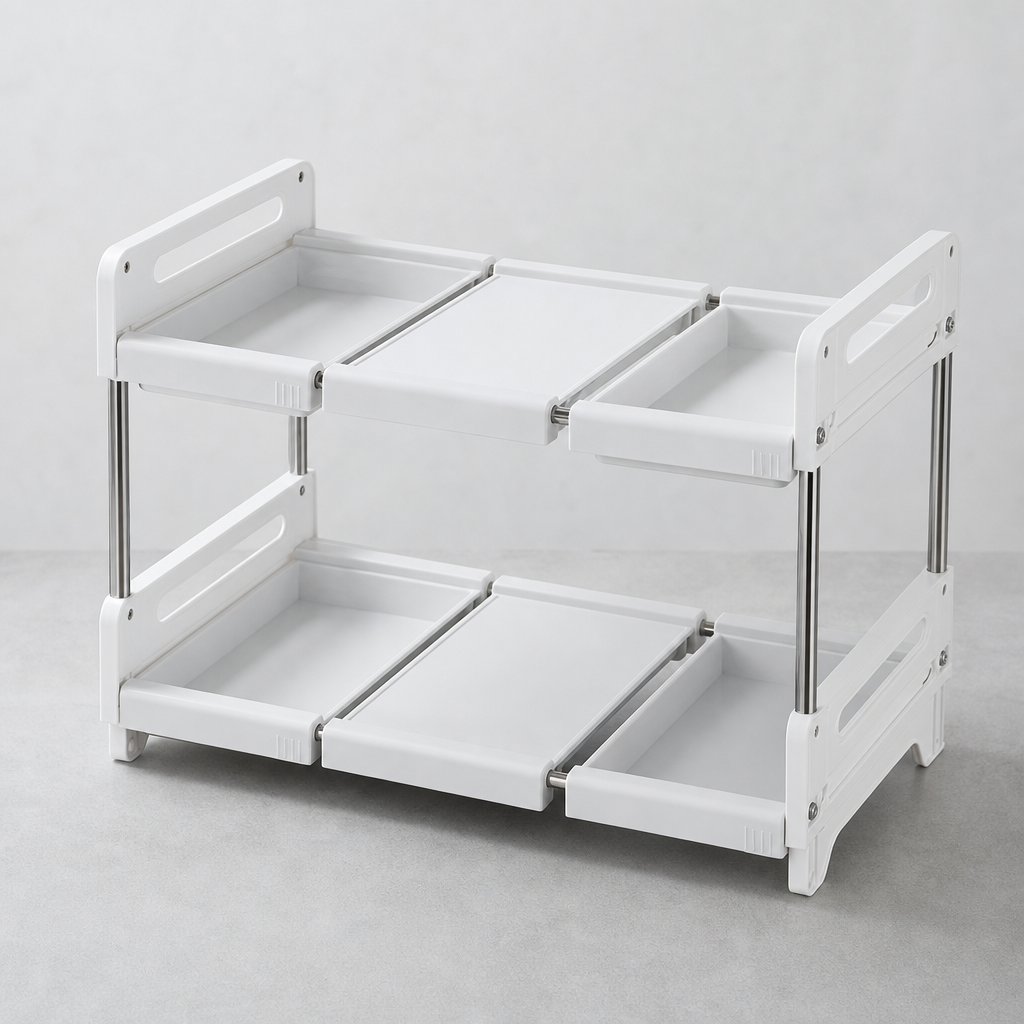 Expandable under-sink rack with white shelves and metal support rods