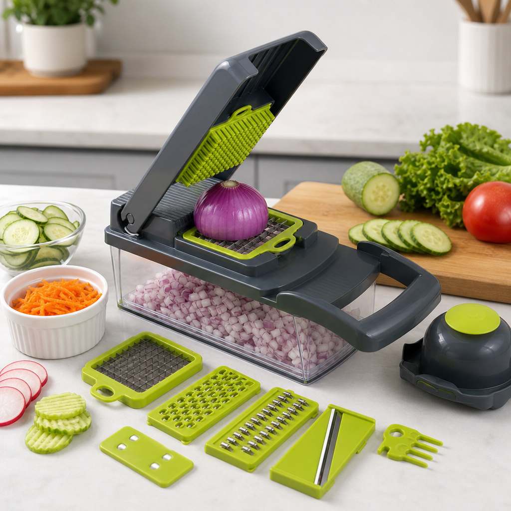 Multi-functional vegetable cutter with green accents and interchangeable blades on a prep board