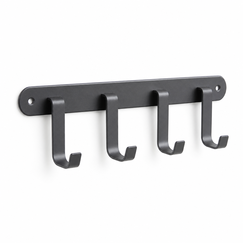 Wall-mounted cup rack with four hooks in matte graphite metal on a clean white backdrop